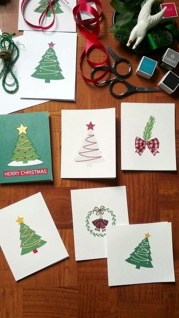 A collection of colorful handmade Christmas cards with festive designs on a crafting table.